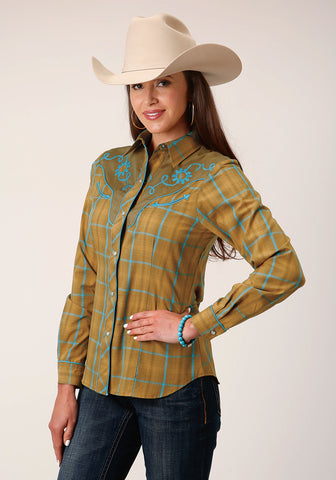 Roper Womens Butterscotch Plaid Yellow Cotton Blend L/S Shirt
