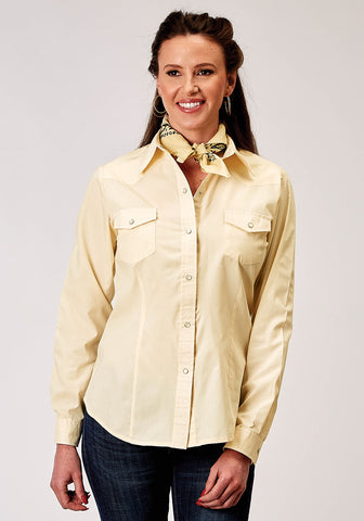 Roper Womens 1985 Solid Broadcloth Warm Ecru Cotton Blend L/S Shirt
