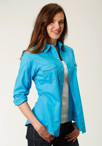 Roper Womens 9839 Broadcloth Turquoise Cotton Blend L/S Shirt