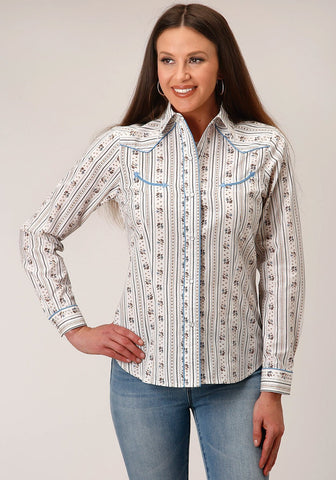 Roper Womens Wallpaper Stripe White Cotton Blend L/S Shirt