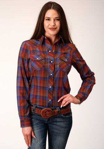 Roper Womens 825 Plaid Wine/Peri Cotton Blend L/S Shirt