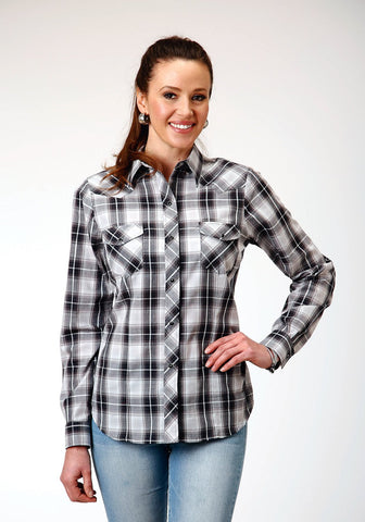 Roper Womens 1881 Plaid Black/Aqua Cotton Blend L/S Shirt