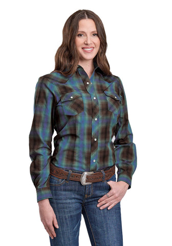 Roper Womens 2657 Plaid Turquoise/Cobalt Cotton Blend L/S Shirt