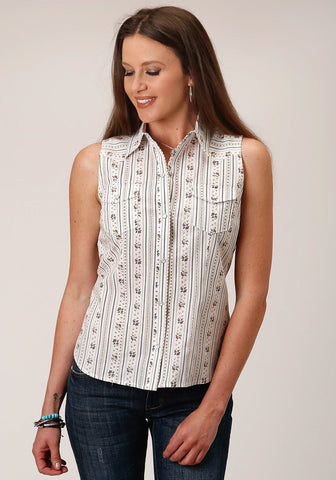Roper Womens Wallpaper Stripe White Cotton Blend S/L Shirt L