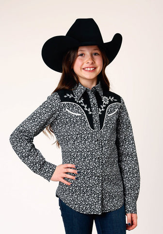 Roper Girls White Floral Black Cotton Blend L/S Shirt