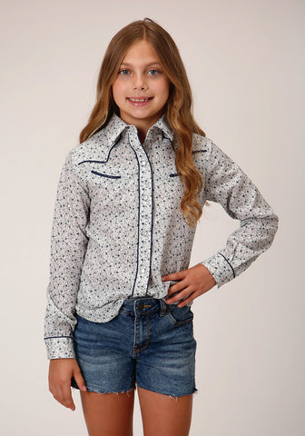 Roper Kids Girls 1626 Mini Floral Blue Cotton Blend Fancy L/S Shirt