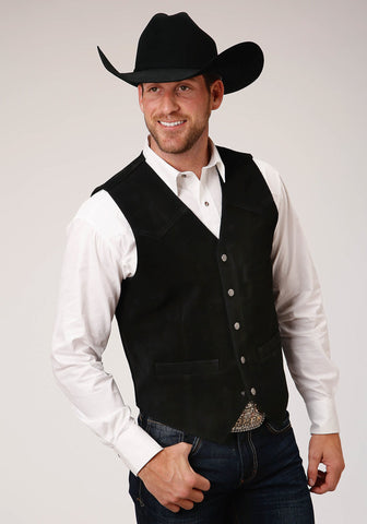 Roper Mens Antique Brass Front Yokes Black Suede Tall Leather Vest
