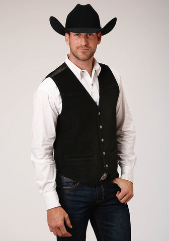 Roper Mens Buckle Tie Brass Snaps Black Suede Tall Leather Vest