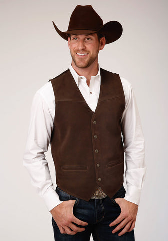 Roper Mens Buckle Tie Brass Snaps Brown Suede Tall Leather Vest