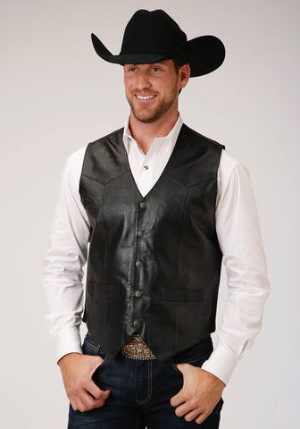 Roper Mens Front Yoke Snaps Black Lamb Leather Leather Vest