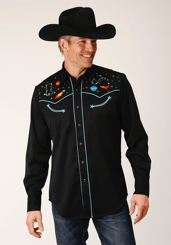 Roper Mens Space Cowboy Black Poly/Rayon L/S Shirt