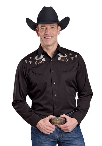 Roper Mens Floral Embroidery Black Poly/Rayon L/S Shirt