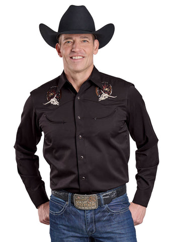 Roper Mens Wagon Wheel Skull Jet Black Poly/Rayon L/S Shirt