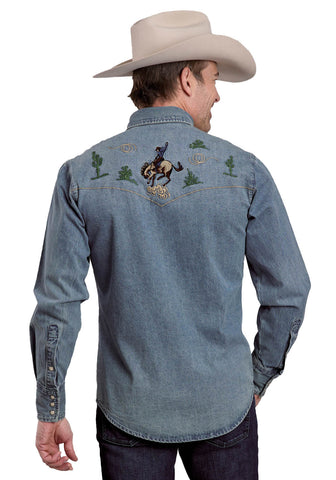 Roper Mens Bronco Rider in Desert Blue 100% Cotton L/S Shirt