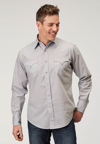 Roper Mens 1916 Solid Poplin Grey 100% Cotton Snap L/S Shirt