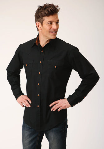 Roper Mens Solid Poplin Black 100% Cotton L/S Shirt