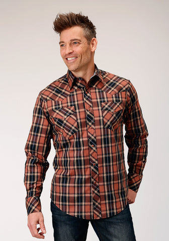 Roper Mens Arrow Dobby Plaid Brown 100% Cotton L/S Shirt