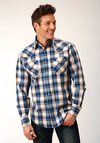 Roper Mens Denim Plaid Blue 100% Cotton L/S Shirt