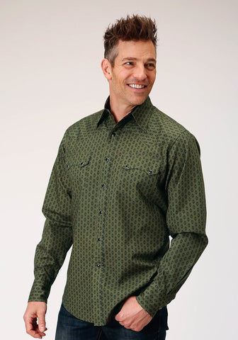 Roper Mens Drybrush Diamonds Green 100% Cotton L/S Shirt