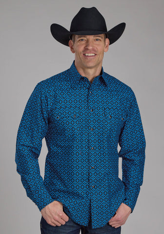 Roper Mens 2181 Aztec Tile Blue 100% Cotton L/S Shirt