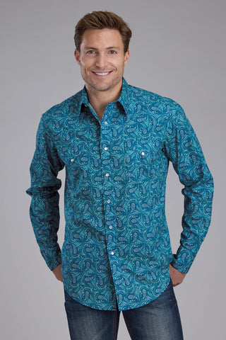 Roper Mens Denim Paisley Print Blue 100% Cotton L/S Shirt