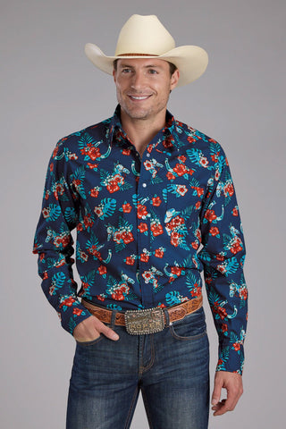 Roper Mens 2354 Hawaiian Print Blue 100% Cotton L/S Shirt