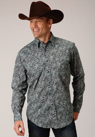 Roper Mens Silver Vine Print Grey 100% Cotton L/S Shirt