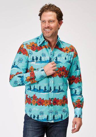 Roper Mens 1900 Hawaiian Blue 100% Cotton 1 Pkt L/S Shirt