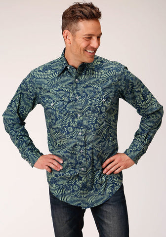 Roper Mens Lucky Tropical Print Green 100% Cotton L/S Shirt