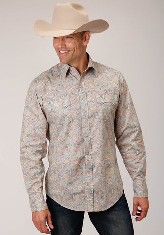 Roper Mens Dot Paisley Print Brown 100% Cotton L/S Shirt