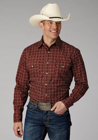 Roper Mens Ikat Arrows Red 100% Cotton L/S Shirt