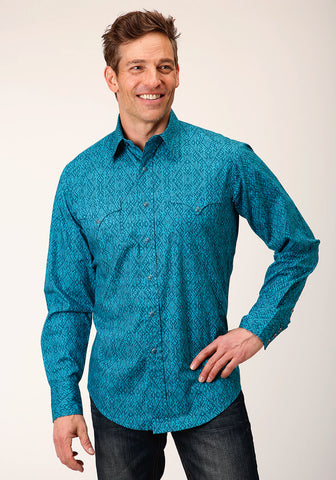 Roper Mens Ikat Aztec Blue 100% Cotton L/S Shirt