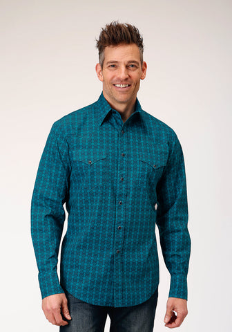 Roper Mens Tiles Print Green 100% Cotton L/S Shirt
