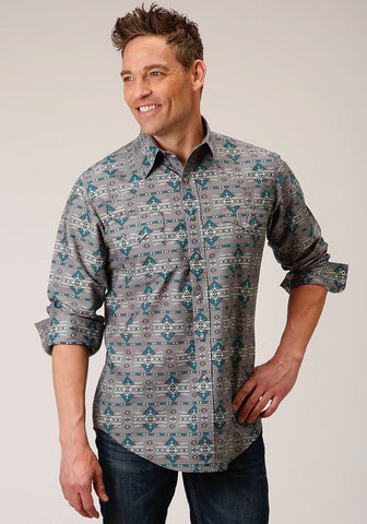 Roper Mens Geometric Aztec Grey 100% Cotton L/S Shirt