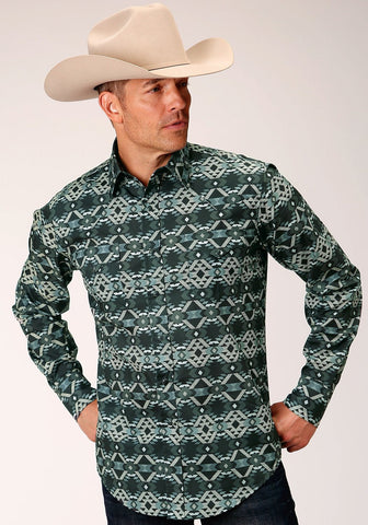Roper Mens Slate Aztec Grey 100% Cotton L/S Shirt