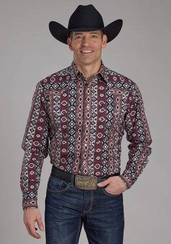Roper Mens 2178 Winter Aztec Burgundy 100% Cotton L/S Shirt