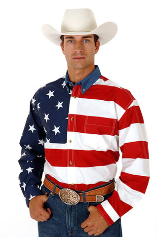 Roper Mens Stars Striped Pieced Flag Red/Blue 100% Cotton L/S Shirt