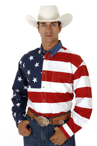 Roper Mens Stars Striped Pieced Flag Red/Blue 100% Cotton Tall L/S Shirt