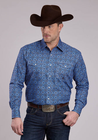 Roper Mens Medallion Paisley Vintage Blue 100% Cotton L/S Shirt