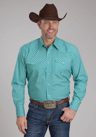Roper Mens 2250 Four Point Foulard Turquoise Cotton Blend L/S Shirt