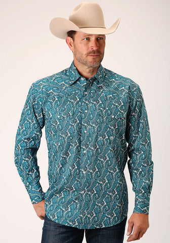 Roper Mens Turquoise 100% Cotton Upstream Paisley L/S Shirt L
