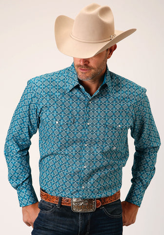 Roper Mens Blue 100% Cotton Victorian Foulard L/S Shirt S