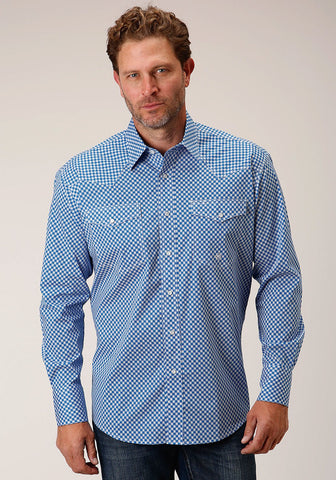Roper Mens Diamond Star Geo Blue Cotton Blend L/S Shirt