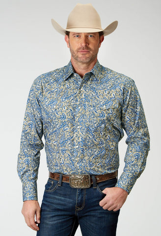 Roper Mens 1933 Delft Paisley Blue 100% Cotton L/S Shirt