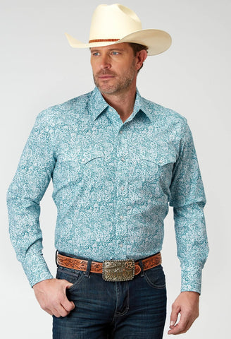 Roper Mens Paisley Teal Cotton Blend L/S Shirt