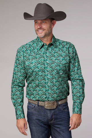 Roper Mens 2018 Jade Paisley Green 100% Cotton L/S Shirt