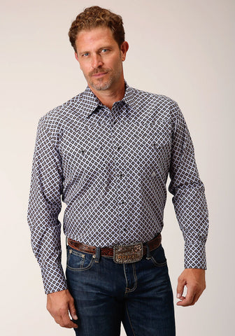Roper Mens Tile Pattern Foulard Black 100% Cotton L/S Shirt