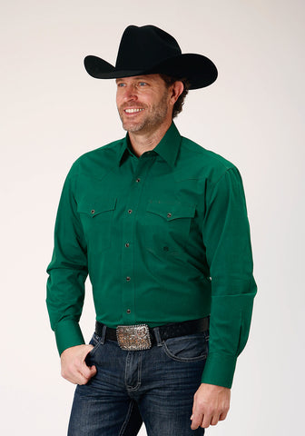 Roper Mens Solid Black Fill Green 100% Cotton L/S Shirt