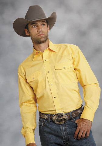 Roper Mens Yellow 100% Cotton L/S Snap 1 Pt Back Yoke Poplin Western Shirt M