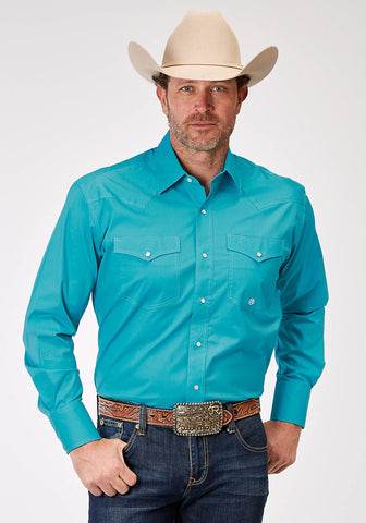 Roper Mens Poplin Stretch Turquoise Cotton Blend L/S Shirt